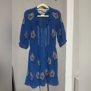 Meadow Rue by Anthropology Blue Floral Embroidered Sheer Dress Size XS